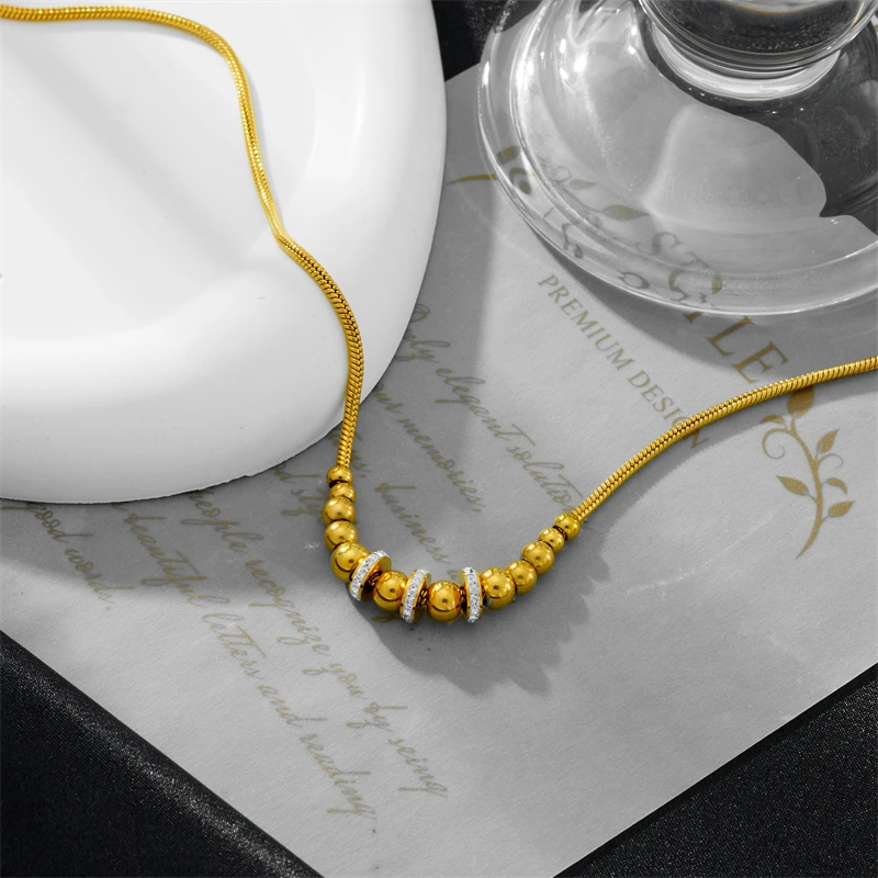 316L Stainless Steel New Fashion Fine Jewelry Zircon Gradual Size Bead Charm Thick Snake Chain Choker Necklace Pendant For Women