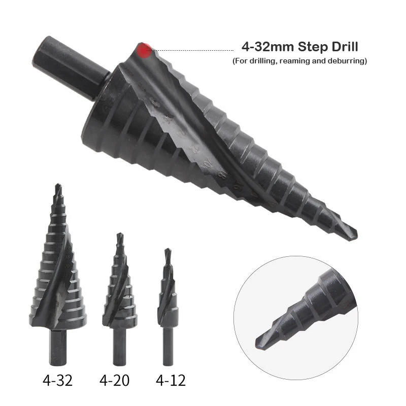Set da 3 pezzi Set di punte per trapano a gradino in cobalto HSS da 4-32MM spirale in acciaio ad alta velocità ad azoto per apriscatole con gambo triangolare a cono metallico