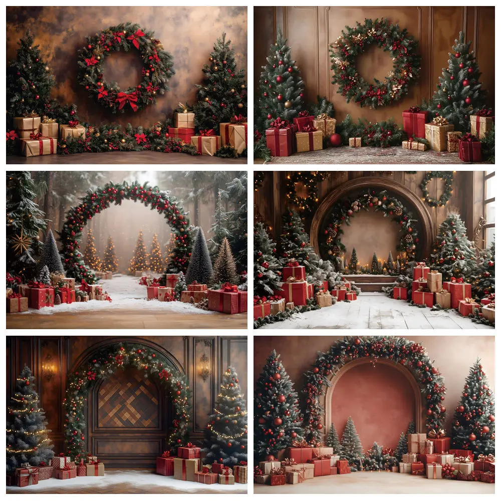 

Merry Christmas Backdrop for Photography Winter Christmas Tree Wreath Arch Gifts Xmas Eve Kids Family Portrait Photo Background