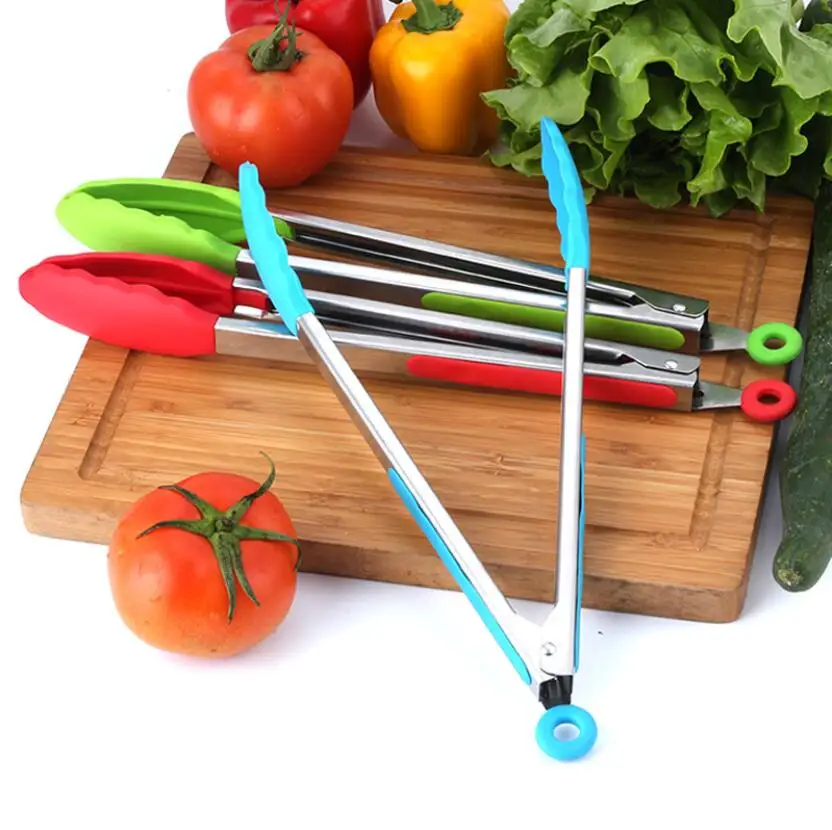 Silicone Food Tong Kitchen Accessories Stainless Steel Kitchen Tongs Silicone Non-slip Cooking Clip Clamp BBQ Salad Tools Grill