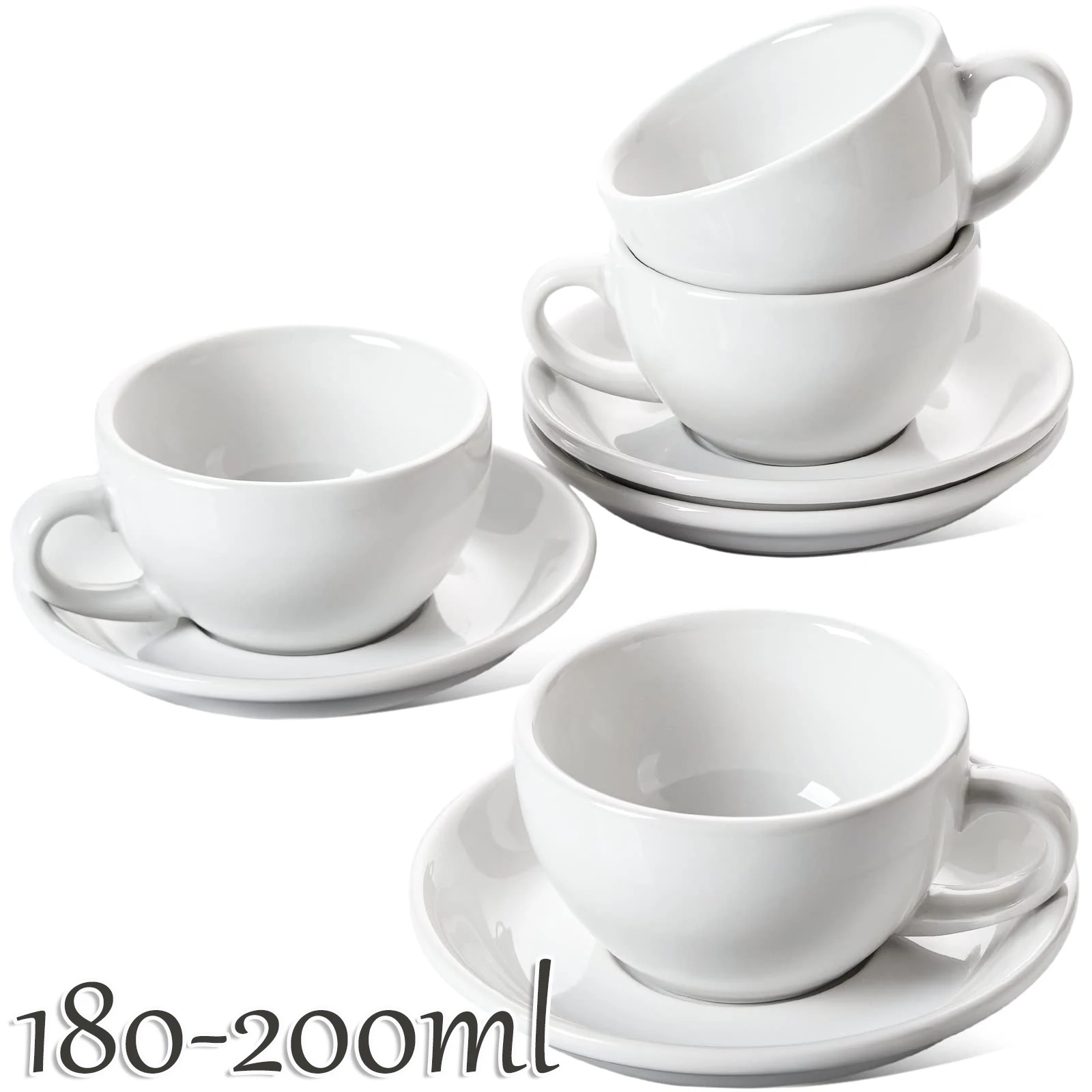 180-200ML Cappuccino Cups with Saucers,Ceramic Coffee Cup Standard Competition Mouth Mug for Latte,Cafe Mocha,Tea Set,White