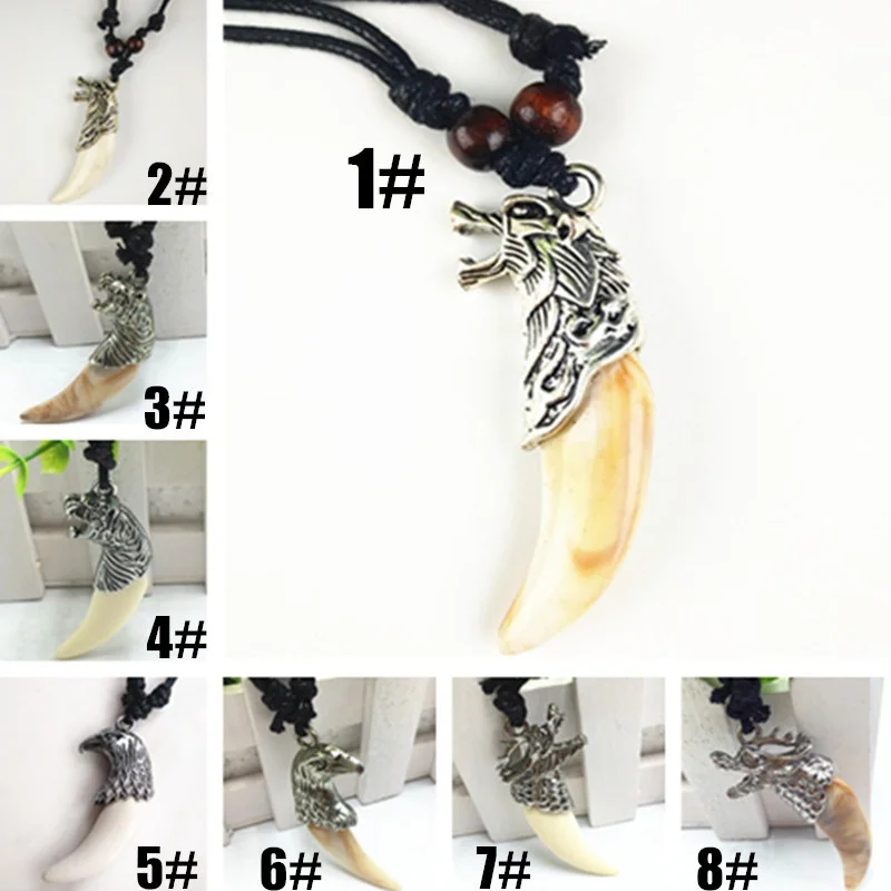 8 style Punk Alloy Wolf Leopard head Eagle Head Tiger Teeth Pendant Necklace  Charms Beads Sweater Chain Rope Women Amulet