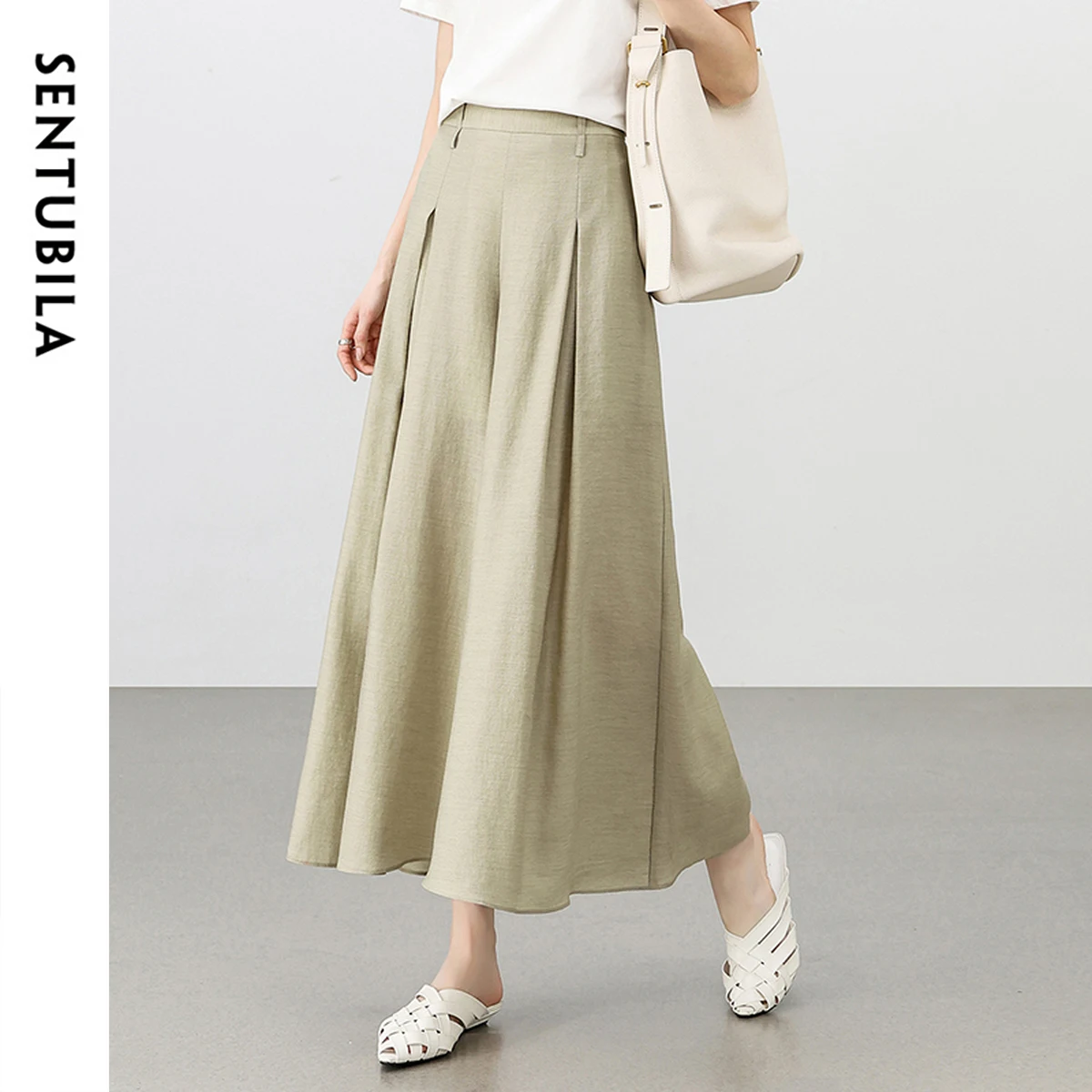 SENTUBILA Women's Solid Skirts Pants 2025 Elegant Casual Comfort High-Waist Wide-Leg Pants Ankle Length Trousers Lady 152K59026