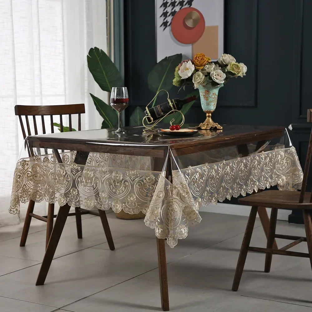 Waterproof Glass Transparent Table Cloths Oil Proof Rectangular PVC Plastic Tea Table Lace Table Cover Hotel Wedding Party Decor