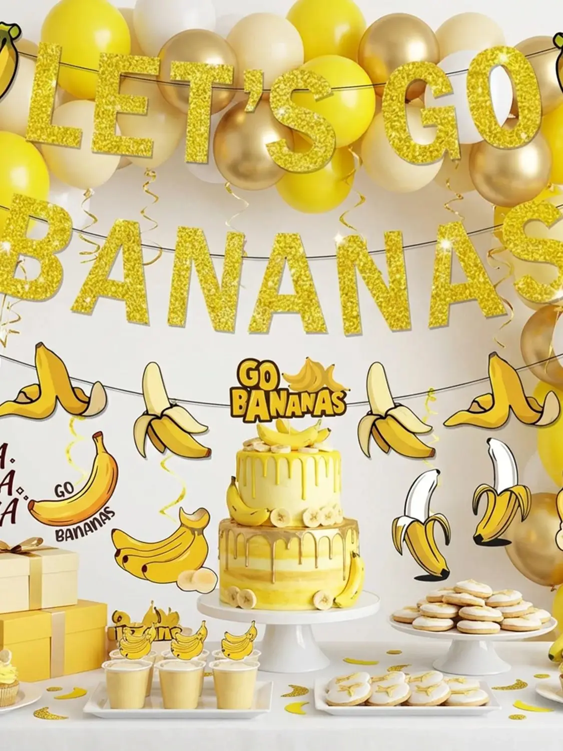 Gelbe Bananen Geburtstagsbanner-Girlande „Let's Go“ zum Aufhängen, Spiral-Partydekoration für den ersten Geburtstag mit Früchtethema – Detail 4