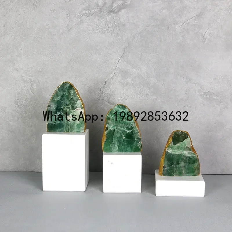 Green Crystal Stone Agate Handicraft Marble Base Irregularity Gemstone Statue Decorative Figurines Home Decoration Accessories