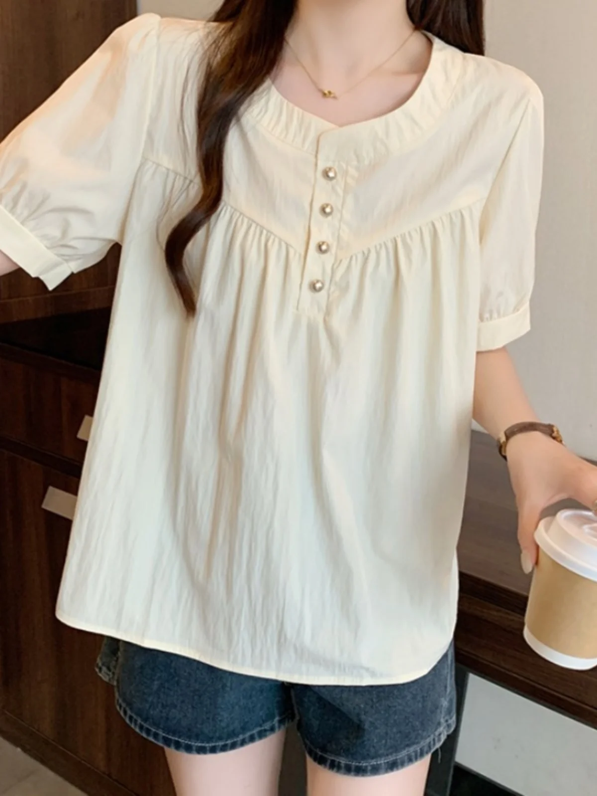 

Anti-Aging Short Sleeve Women's Shirt Summer New plus Size Fat MM Trendy Belly Cover Doll Shirt Top Korean Style Loose Fit