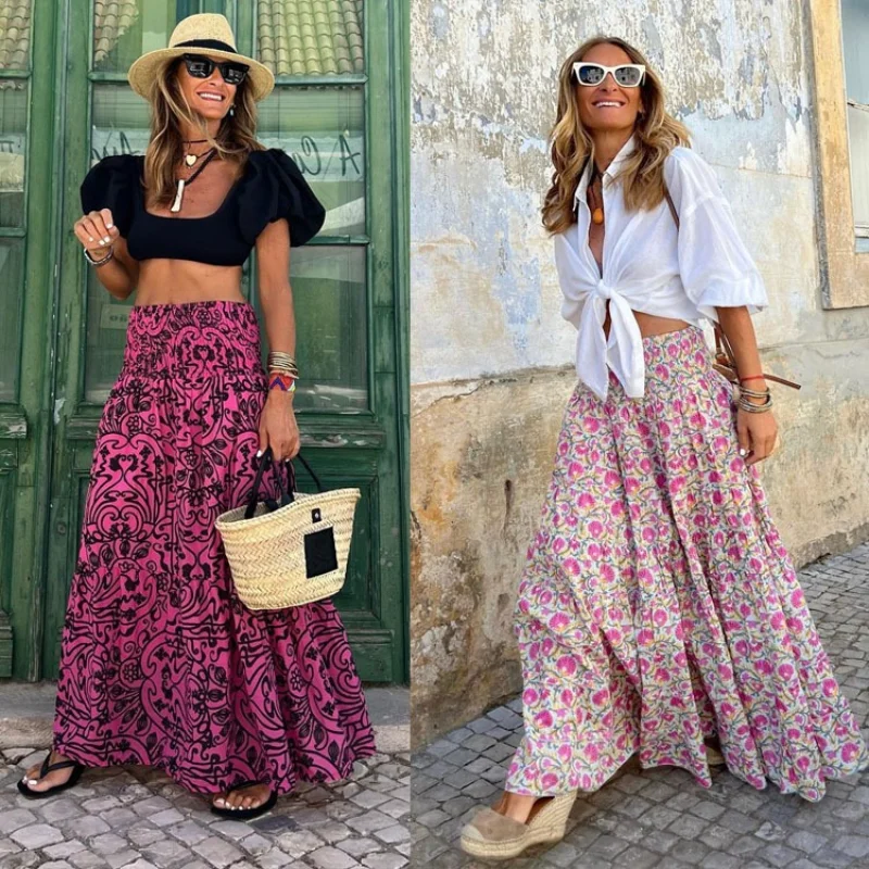 

New Era Girl American Vintage Printed A-type Skirts Street Fashion Long Skirt Women's Harajuku High Waist Retro Casual Dresses