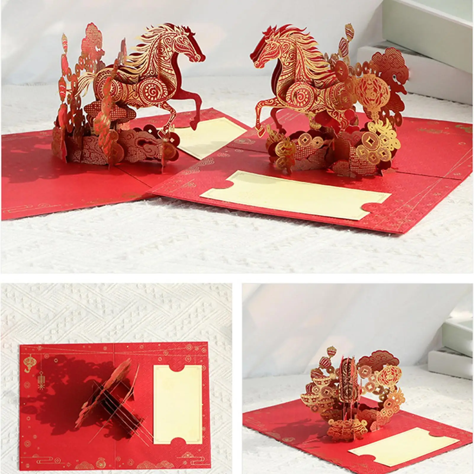 3D-Grußkarte mit goldenem Pferd-Design, inklusive Karte und Umschlag, symbolisiert Glück und Reichtum 2026, Mondneujahr