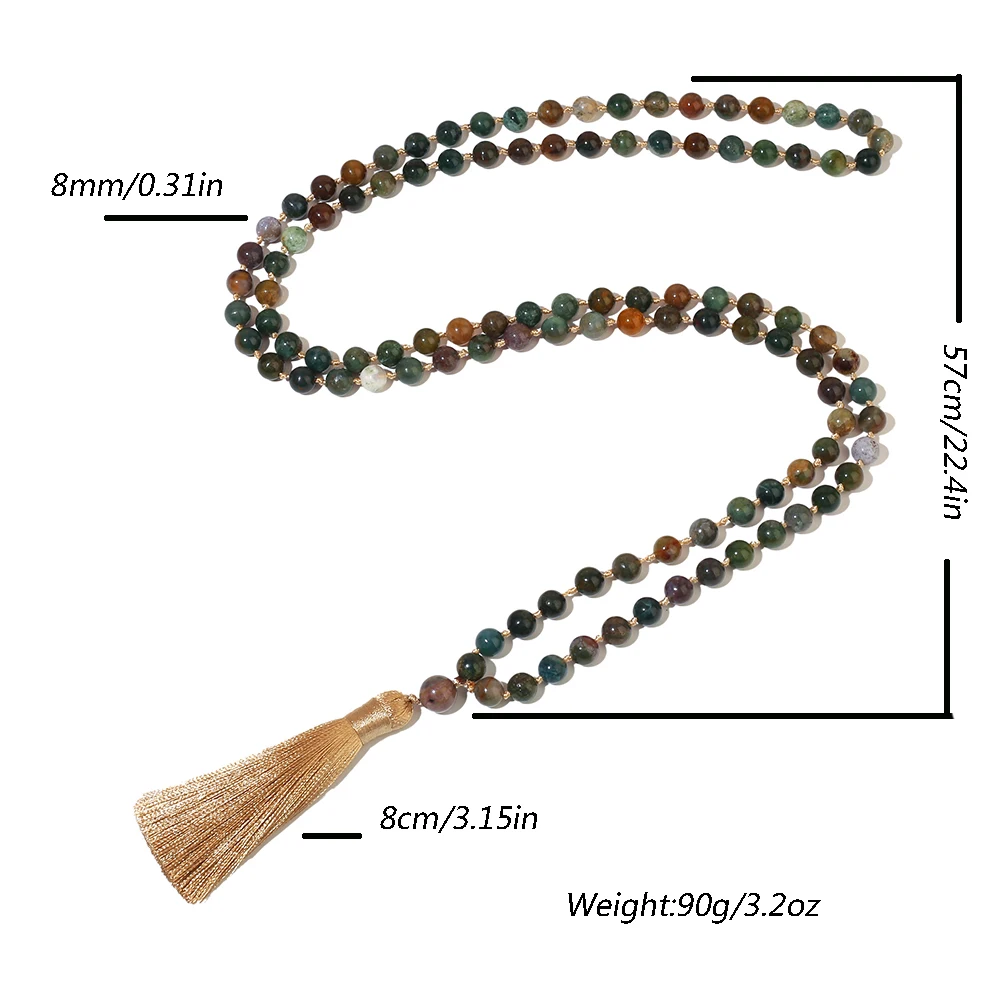 6mm/8mm Indian Agate 108 Mala Beaded Necklace Meditation Prayer Rosary with Tassel Pendant for Men and Women