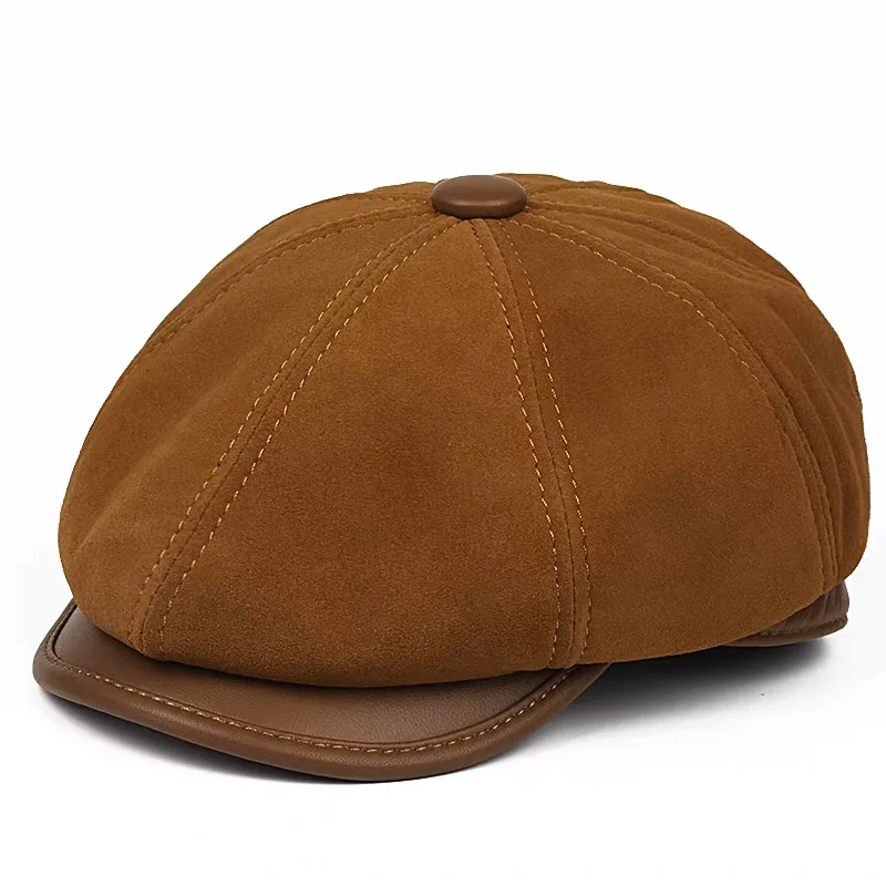 New Genuine Leather Boina Hat Matte Suede Sheepskin Beret Warm  Octagonal Cap Winter Cotton Men Padding Hunting