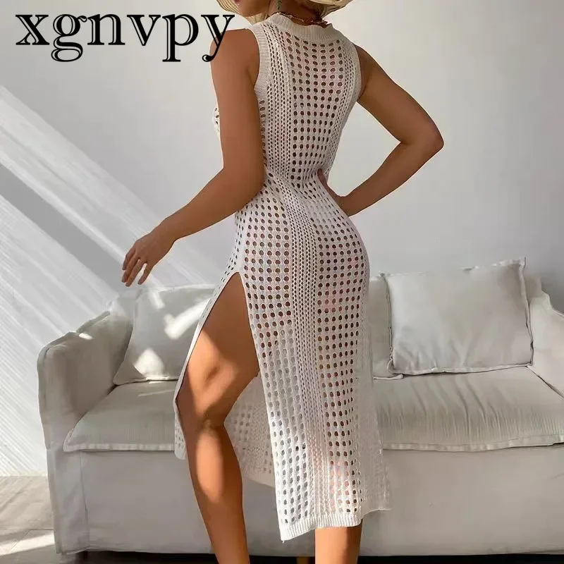 xgnvpy Women Hollow Out Crochet Cover Up Swimwear Sleeveless Bikini Dress Smock Split Knitwear Sexy Beachwear Solid Swimsuit