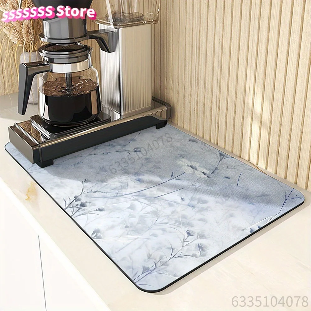 Floral Dish Drying Mat for Kitchen Countertop, Polyester Quick Absorbent Dish Drainer Pad with Rubber Backing, Multi-Use for Co