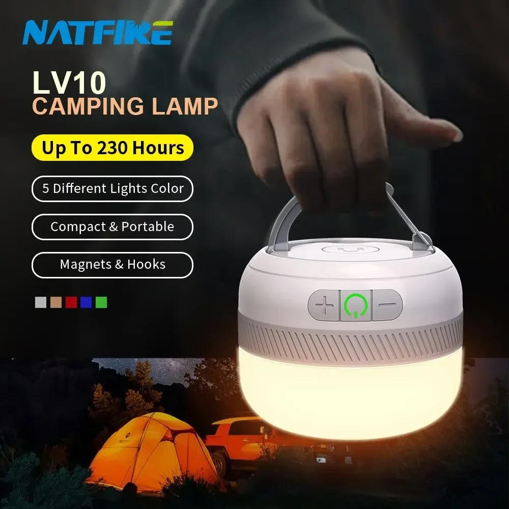 

NATFIRE-USB C Rechargeable Camping Light, Outdoor Tent Lamp, Emergency Lantern, 5 Colors, 230 Hours, LV10