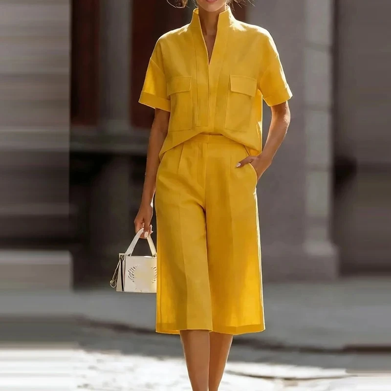 

Casual Solid Women's Commute Outfits Summer New Pocket Pants Sets Stylish Stand Collar Short Sleeve Blazer&five-point Pants Sets