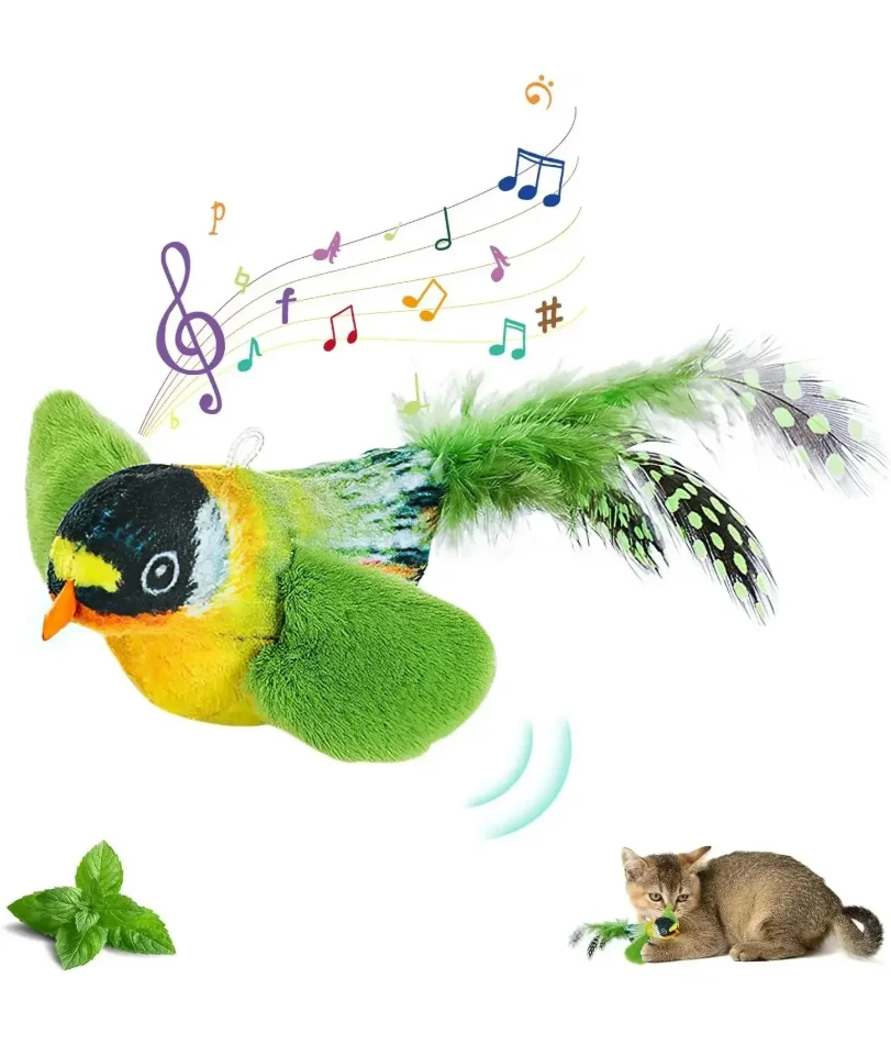 

The pet cat toy emulates the sound bird to amuse the cat elastic rope to relieve boredom and resist scratching can not fly