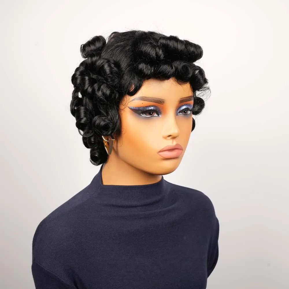 Кудрявый парик с стрижкой пикси, короткие надувные волны, человеческие волосы Remy с челкой, натуральный цвет, машинная работа, многослойная прическа, парик для ежедневного использования