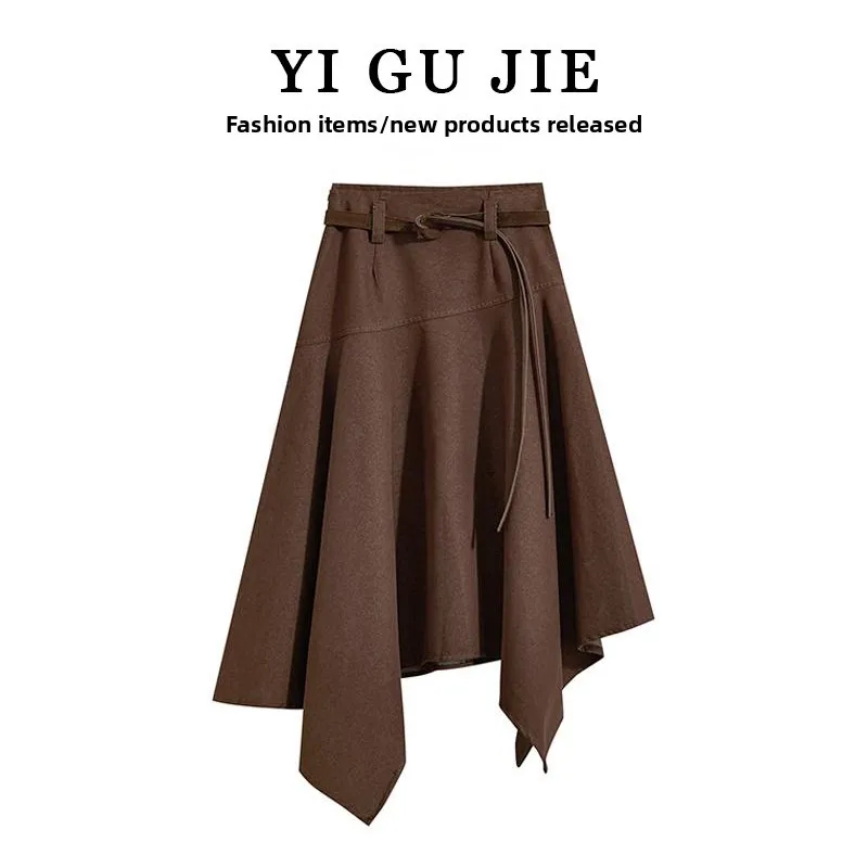 Ele Asymmetrische A-lijn Midi Rok voor Vrouwen Vintage Sle Hoge Taille Cover Hip Grote Volant Paraplu Rok