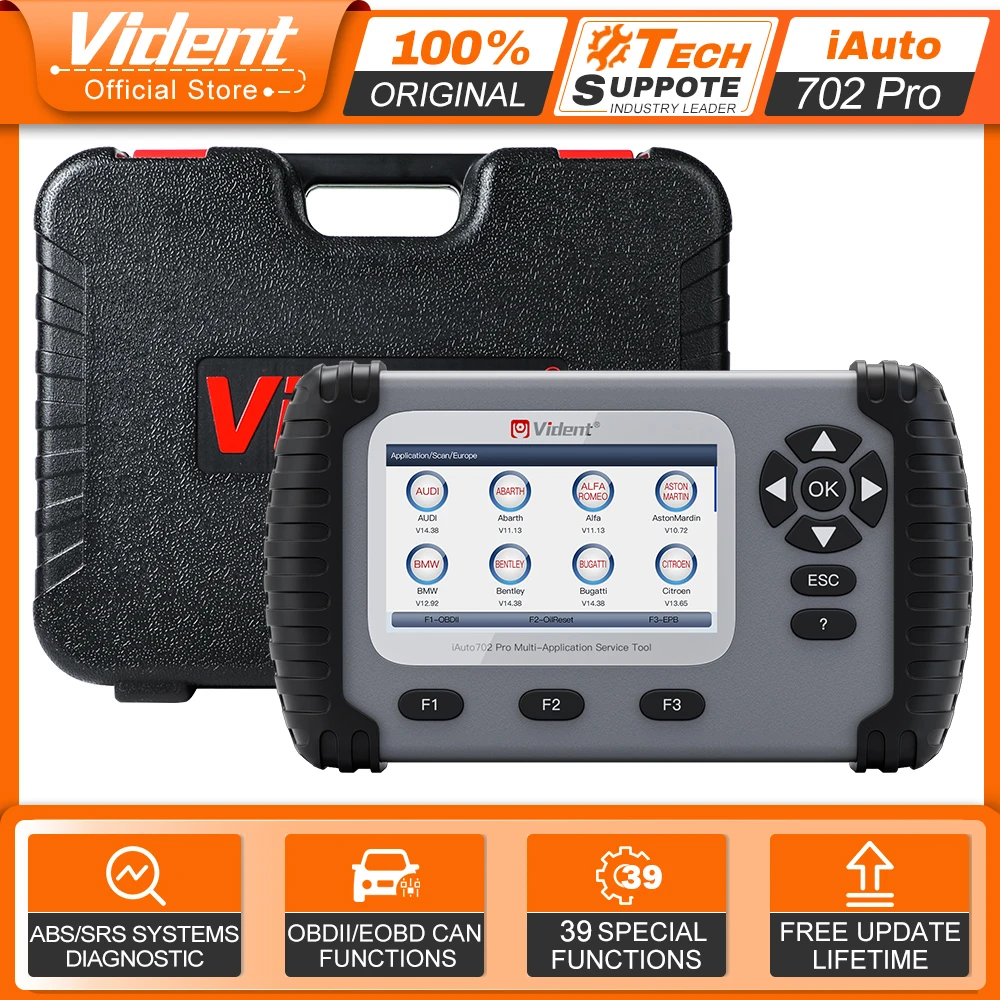 VIDENT iAuto702 Pro OBD2 Car Scanner ABS SRS Engine Systems Auto Diagnostic Tool 37+Reset Bidirectional scanner Free Update