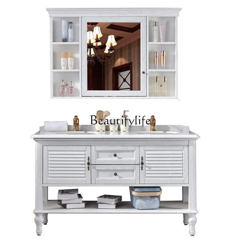 American Bathroom Floor-Standing Washstand Bathroom Solid Wood Marble Face Washing Wash Basin Cabinet