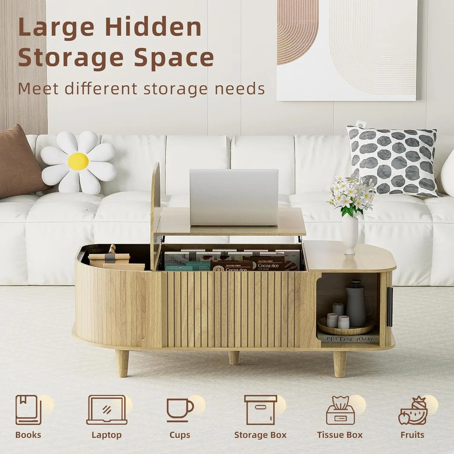 طاولة قهوة بيضاوية قابلة للرفع، طاولة مركزية حديثة لمنتصف القرن مع 3 حجرات مخفية، طاولات قهوة مع رف تخزين مفتوح و