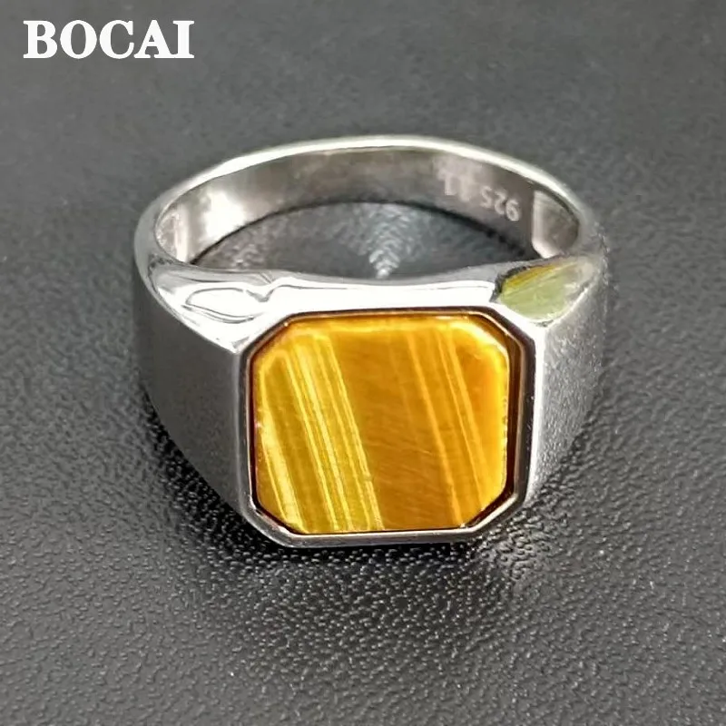 BOCAI New S925 Silver Jewelry Inlaid With Natural Tiger's Eye Stone Square Men's Ring Fashionable and Grand Birthday Gift