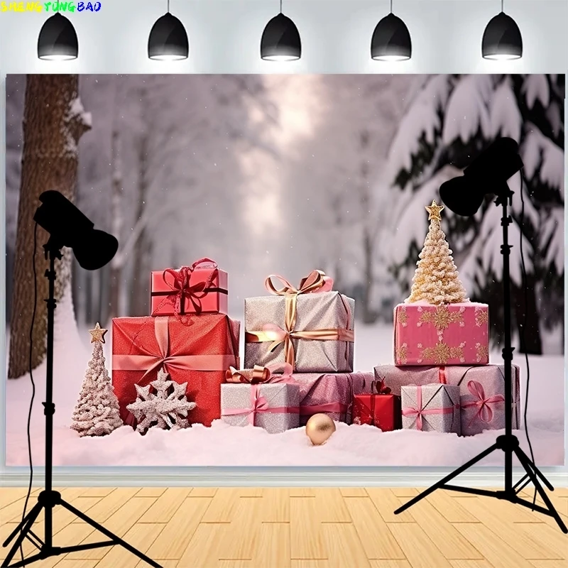Christmas Tree Gifts Lights Wooden Background Living Room Ornament Snowflake Family Party New Year Photography Backdrops XH-16