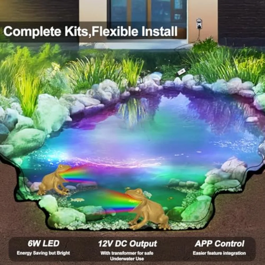Pond Light with APP, 6W Frog Fountain Light led Underwater with 12V Transformer, IP68 Waterproof Underwater Pond Lights with Lo