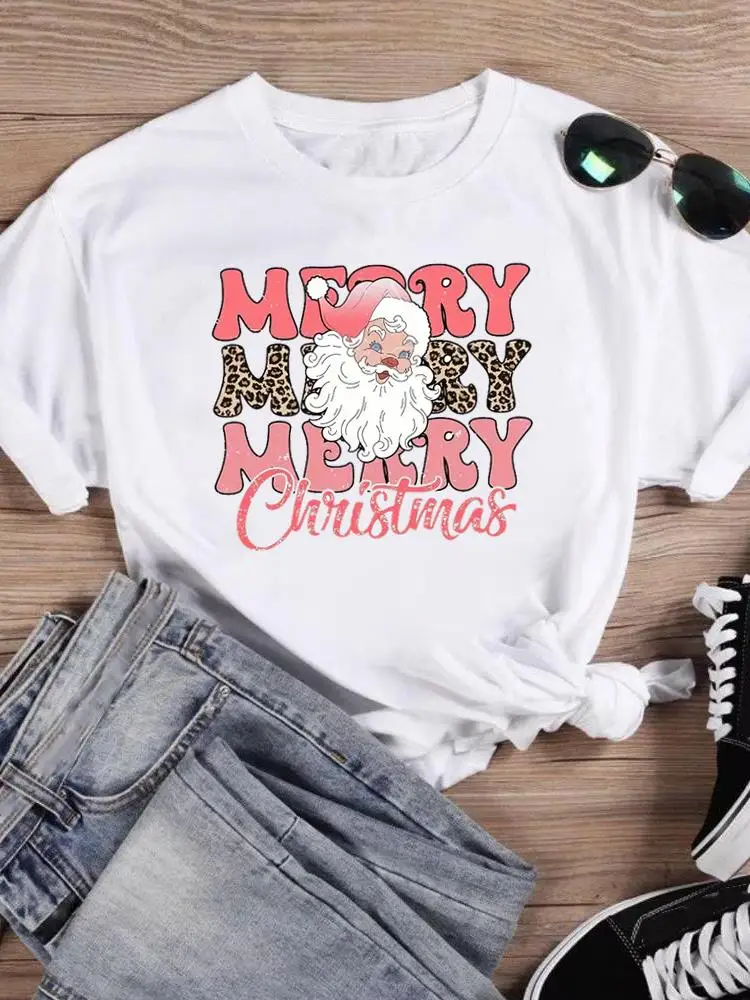 Print T Top Women New Year T-shirts Clothing Fashion Santa Claus Trend Cute Holiday Female Shirt Merry Christmas Graphic T Tee