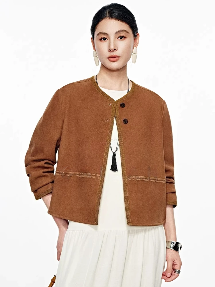 

Vintage V-neck Genuine Leather Jackets for Women Spring Autumn 2026 New High-end Simple Slim Short Real Sheepskin Suede Coat