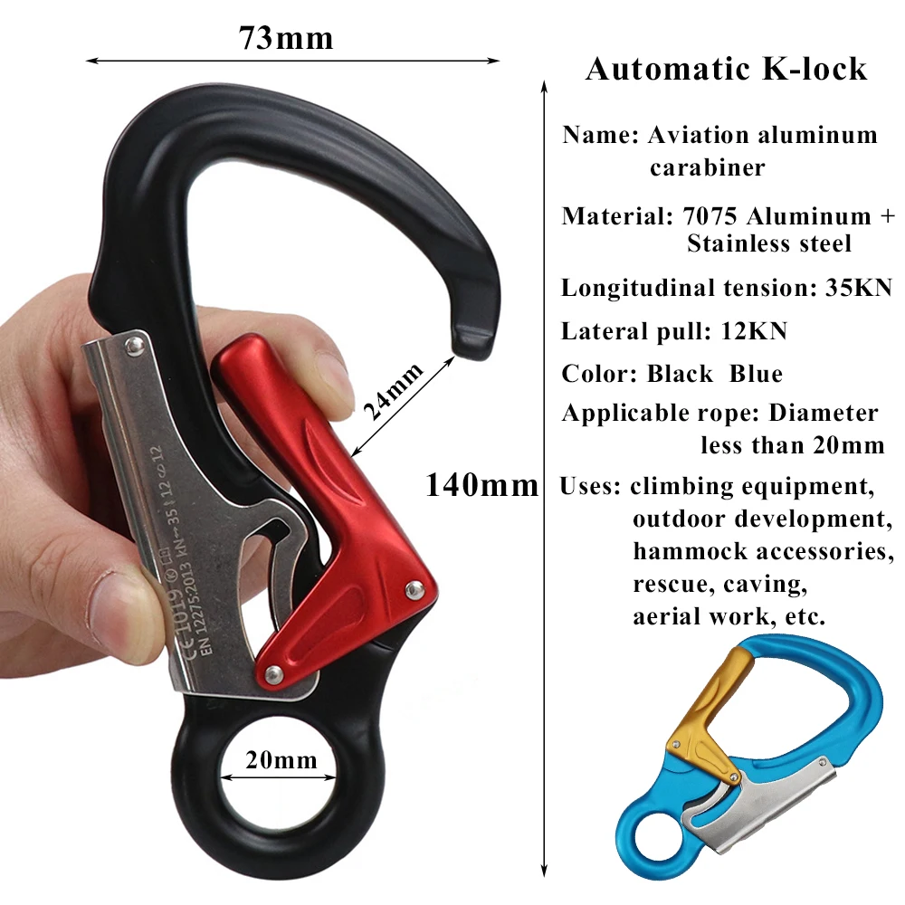 Karabinek wspinaczka skałkowa 35KN 30KN alpinistyczny hak bezpieczeństwa zjazdowy przez klamrę Ferrata pracujący na wysokości