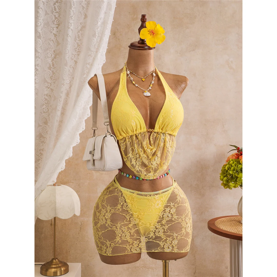 Mit Rock, Spitze, Neckholder-Bikini, Damen-Badeanzug, Damen-Bademode, dreiteiliges Bikini-Set, hoch geschnittene Beine, Badeanzug, Badebekleidung, Schwimmbekleidung V8418 – Detail 19