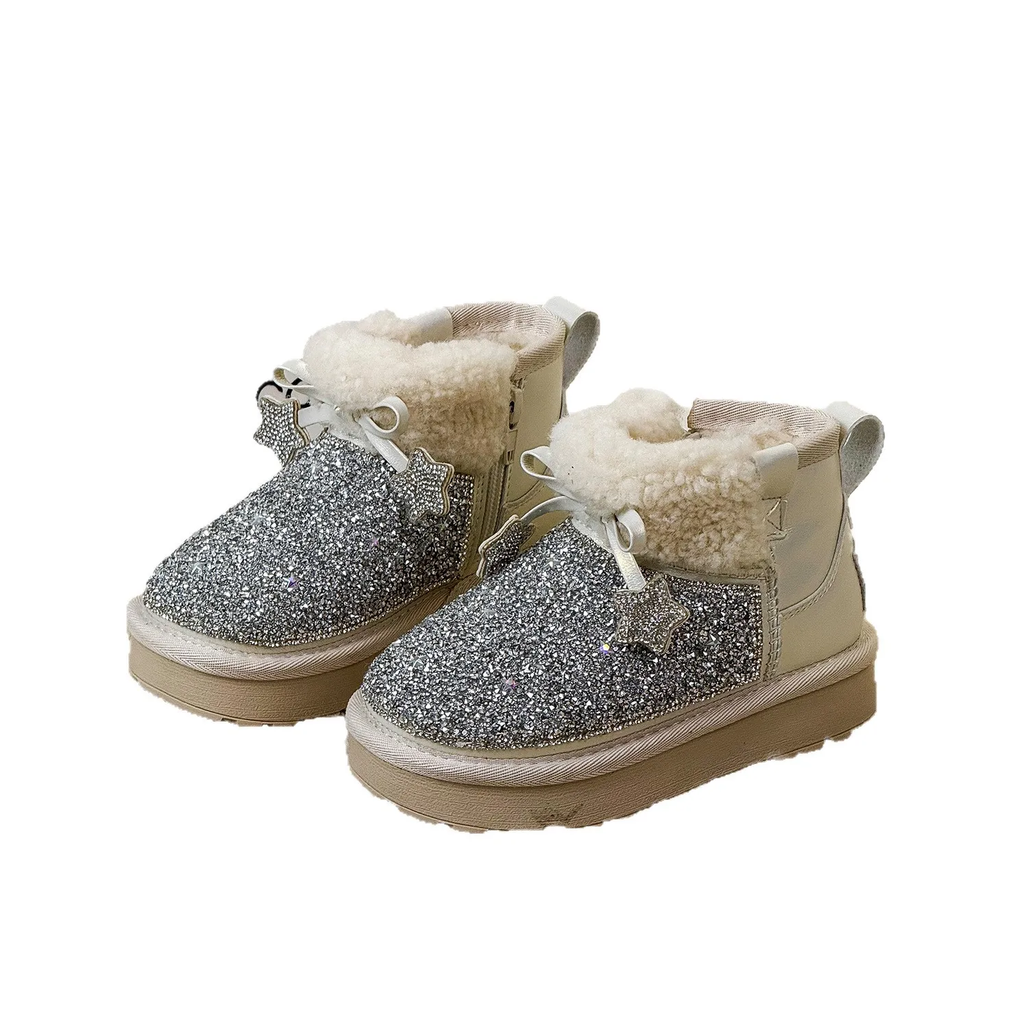 

Новые зимние детские флисовые зимние сапоги в корейском стиле для девочек с бантом и звездами и бриллиантами, детские блестящие теплые ботильоны принцессы для малышей