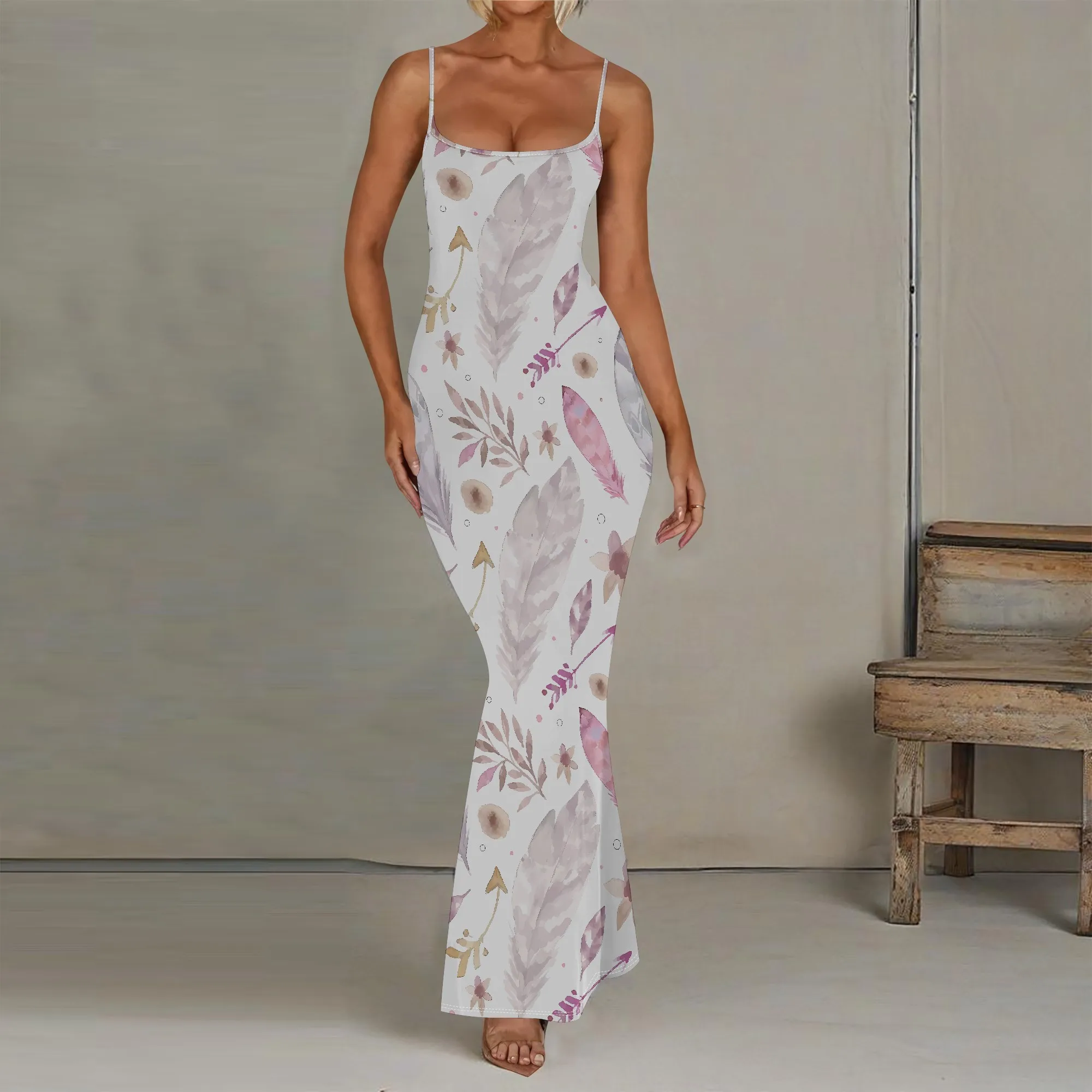 

EQQZD Elegant & Sexy Sleeveless Halter Maxi Dress for Women, Stylish Casual Feather Pattern Print Fishtail Dress