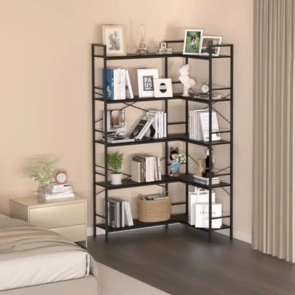 5-Tier Black L-Shaped Corner Bookshelf Home Office Living Room Bedroom Open Storage with Stable Metal Frame 33