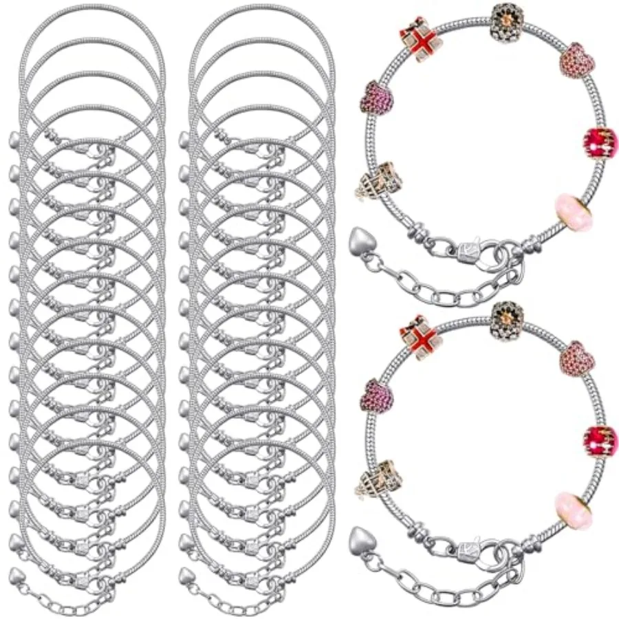 

20 Pcs Snake Chain Bracelets for Jewelry Making, Adjustable Stainless Steel Charm Bracelet Chains with Heart Extender, Bulk DIY