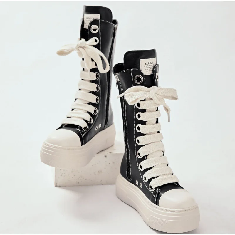 High-top Thick-soled Shoes Versatile Lace-up Shoes Large Size Long Boot Round Toe Thick Sneakers Outerwear Sport Couple Shoes