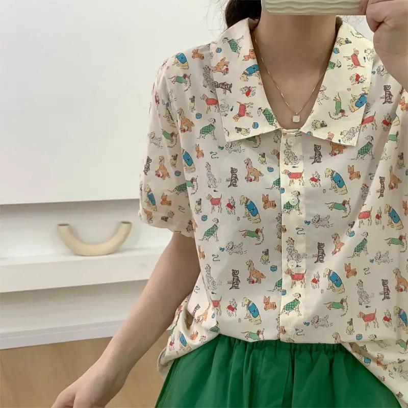 Hong Kong style retro style cute dog print short-sleeved shirt for women 2024 summer new casual literary design women clothing