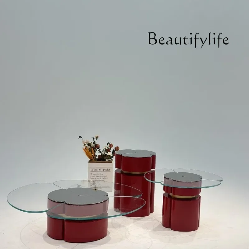 N40 Modern minimalist light luxury coffee table combination living room household red tempered glass coffee table