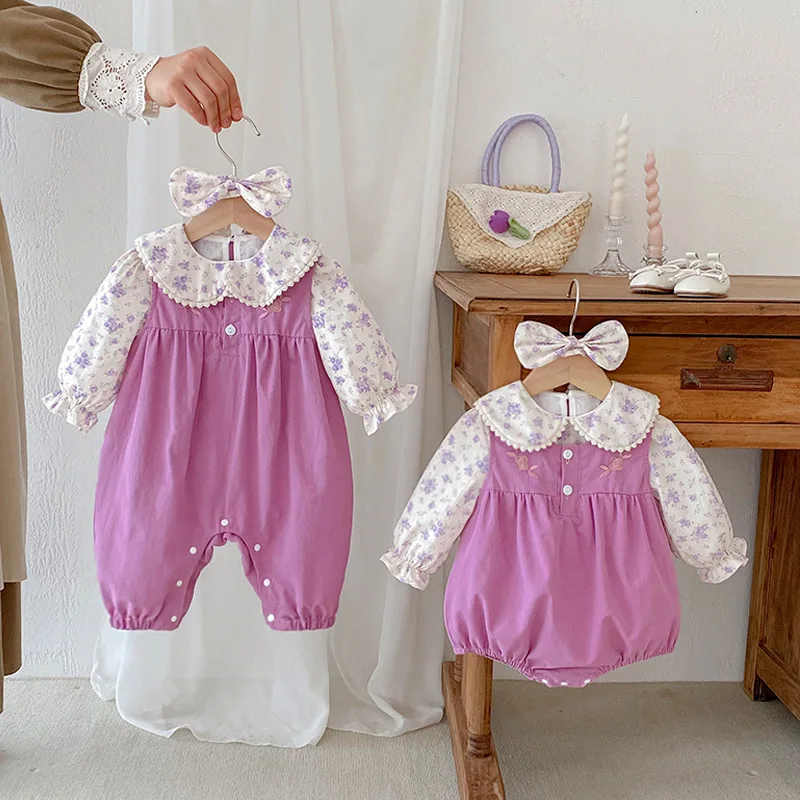 

Autumn Kid Girls 2piece Set Peter Pan Collar Floral Infant Baby Girls Top Purple Sleeveless Sweet Infant Baby Girls Rompers