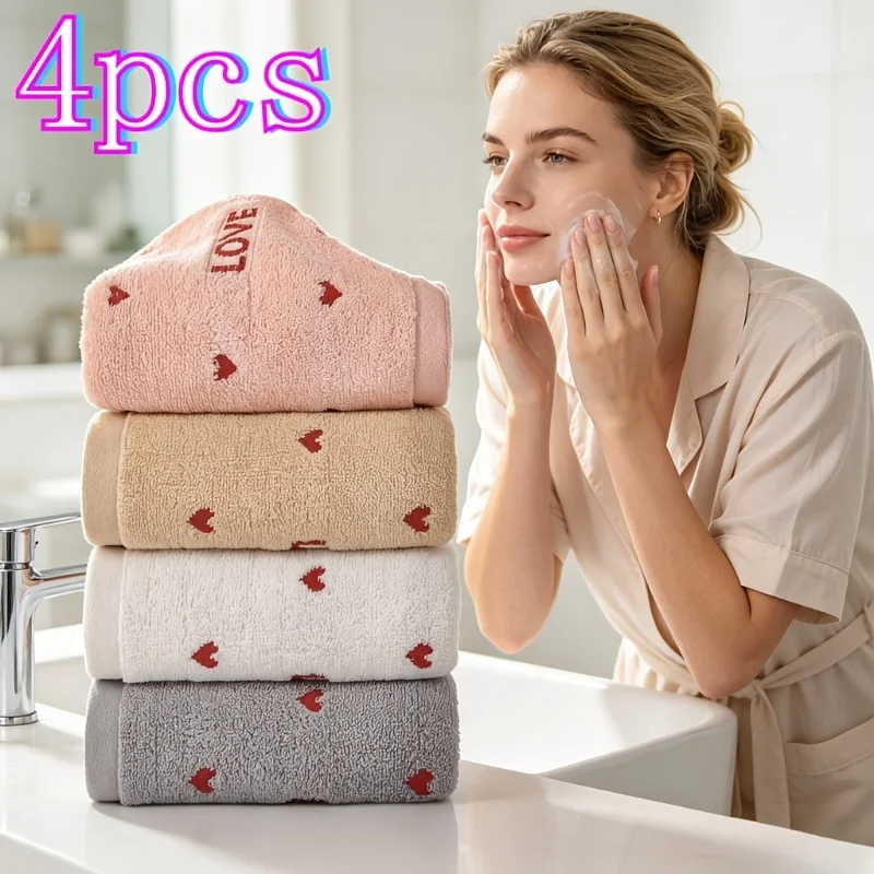 4pcs Pure Cotton Towels, Heart-shaped Jacquard Thickened Hand Towels, Super Absorbent, Soft and Skin-friendly,Gentle on the Skin