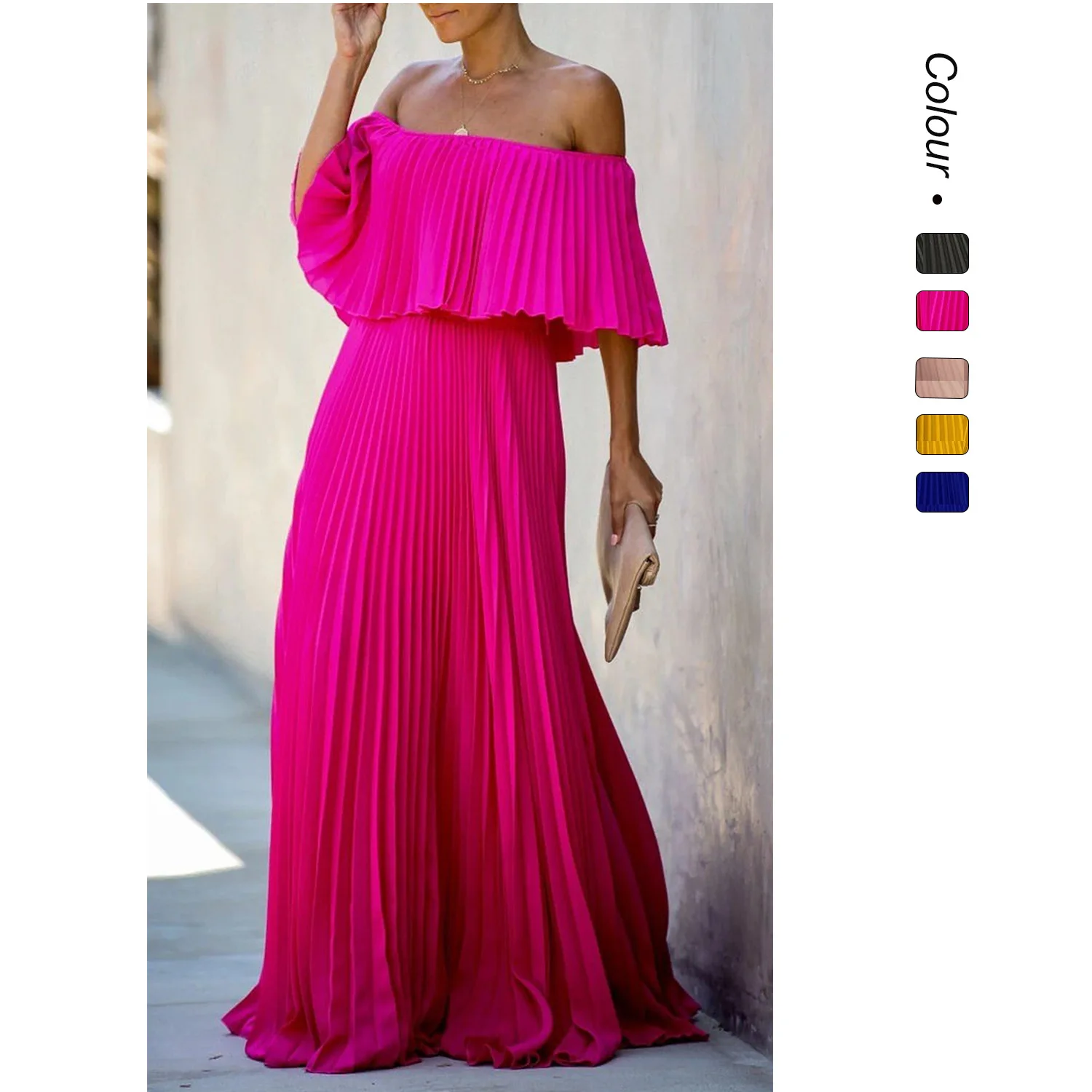 

Spring and summer new women's clothing, European and American sexy one-word collar off-the-shoulder pressed chiffon dress dress