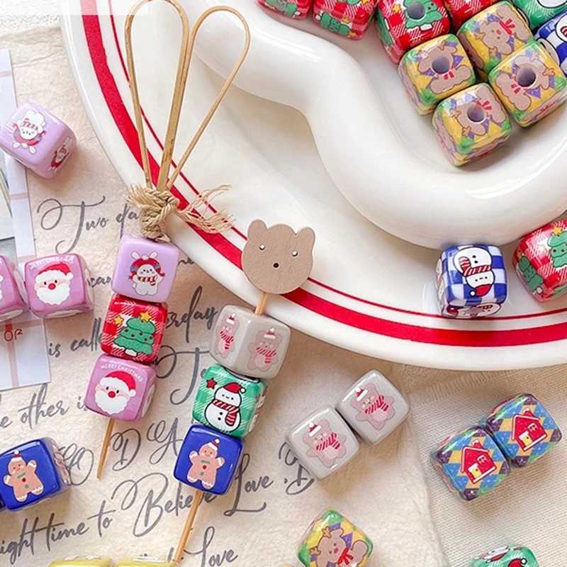 10pcs Christmas-themed Winter Snowman Bear Square Acrylic Beads Diy Handmade Chain Loose Beads Accessory