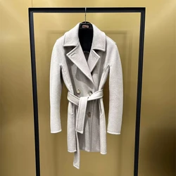 High-end Double-sided Water Ripple 100% Cashmere Coat for Women Lapel Neck Long Bathrobe Style Autumn Winter Outerwear