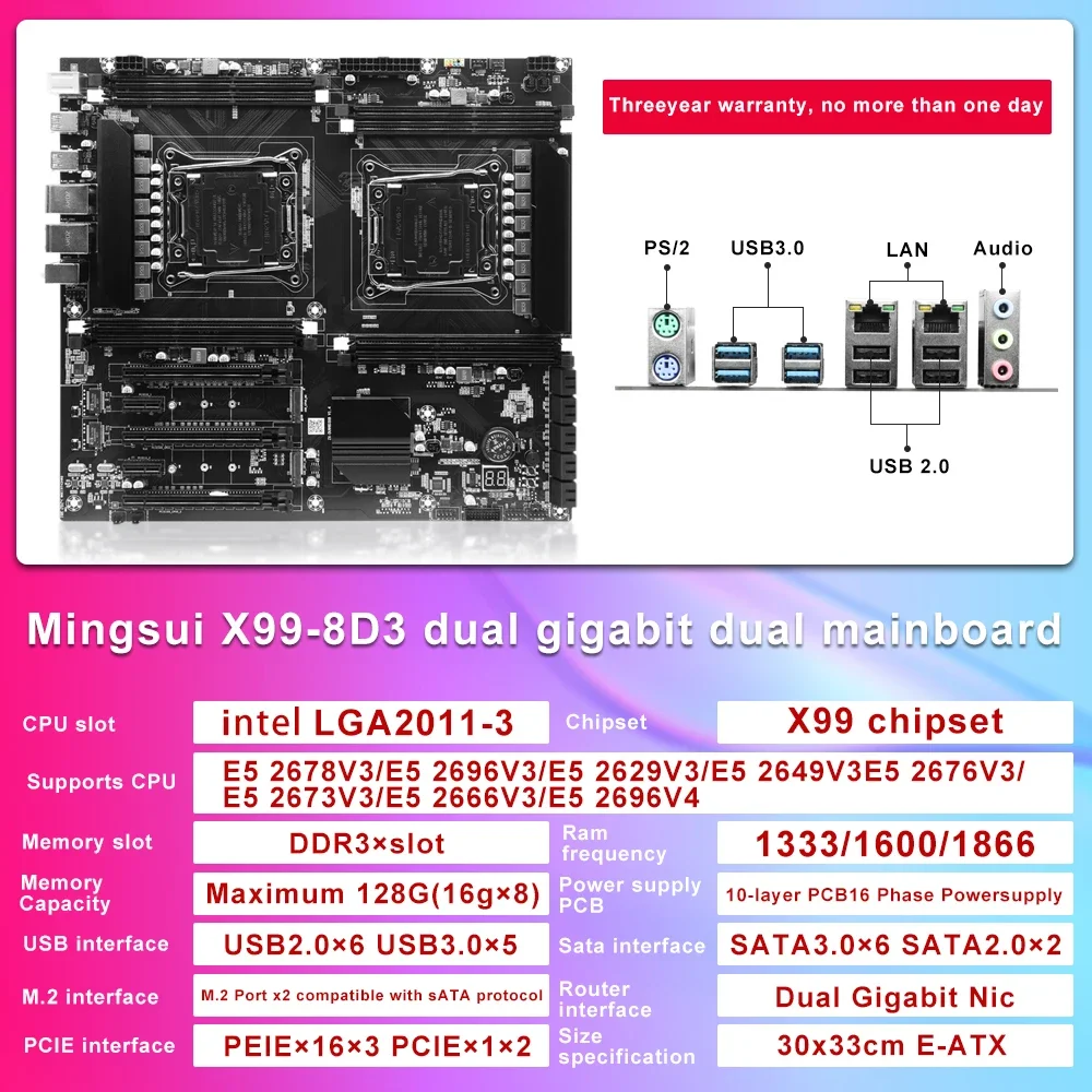 

Материнская плата процессора X99 с двумя разъемами Lga2011-3 8xddr3 Ecc, слот Ram Pciex16 Sata3.0, серверная материнская плата для ПК