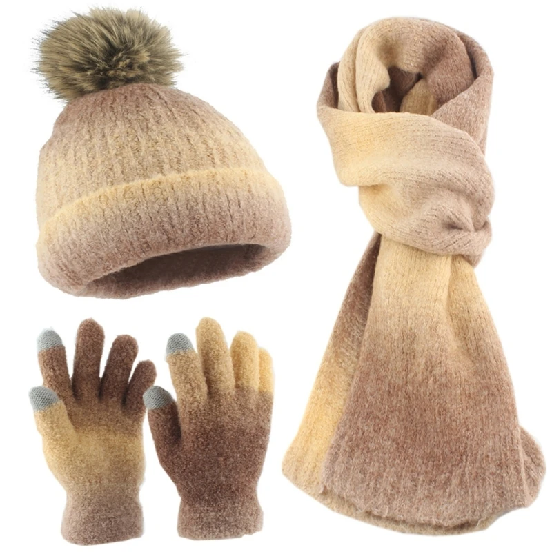 New Unisex Gradients Knitwear Set with Hat Scarf and Gloves for Winter Warmth Unisex