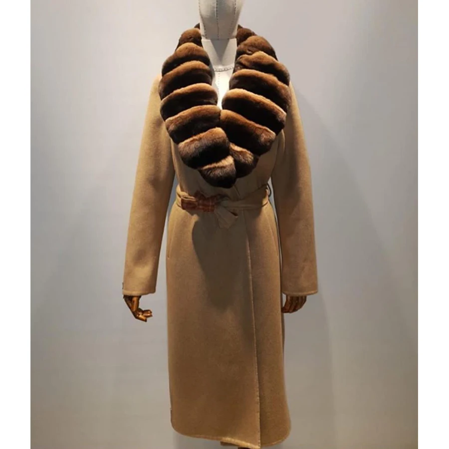 Manteau en vraie fourrure de lapin Chinchilla Rex, vêtements de luxe pour femmes, manteau en laine blanche avec col en fourrure de lapin, chaud, 2022