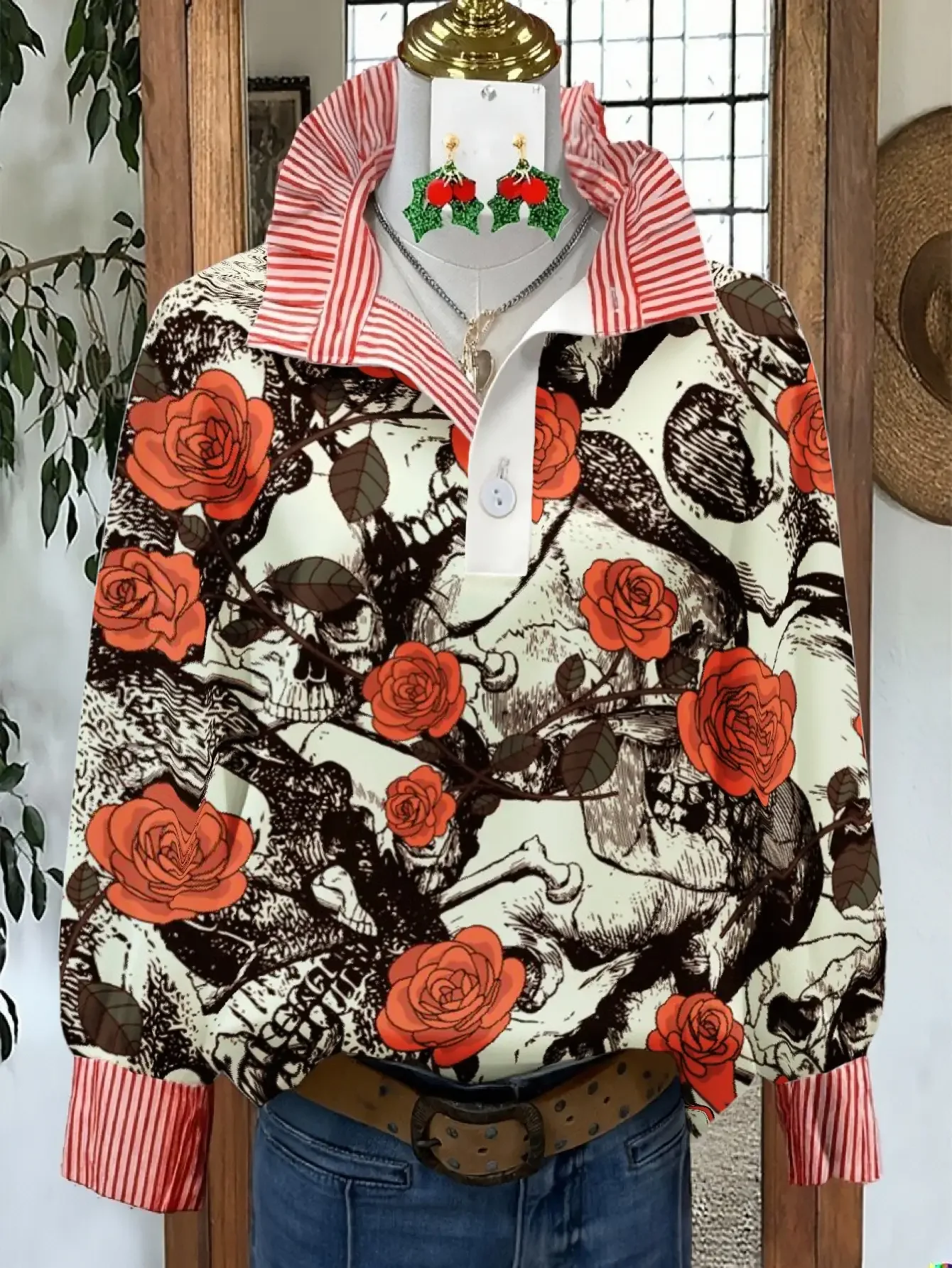 2026 Ladies' striped casual shirt with multi-color striped collar and Christmas Cat Pattern