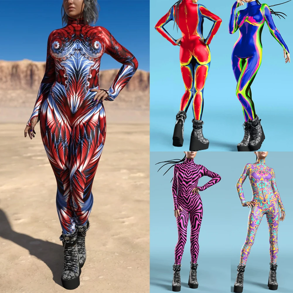 New Women Bodysuit Cosplay Colorful 3D Printing Zentai Skinny Slim Elastic Jumpsuit Outfit Halloween COS Catsuit Adult disfraz