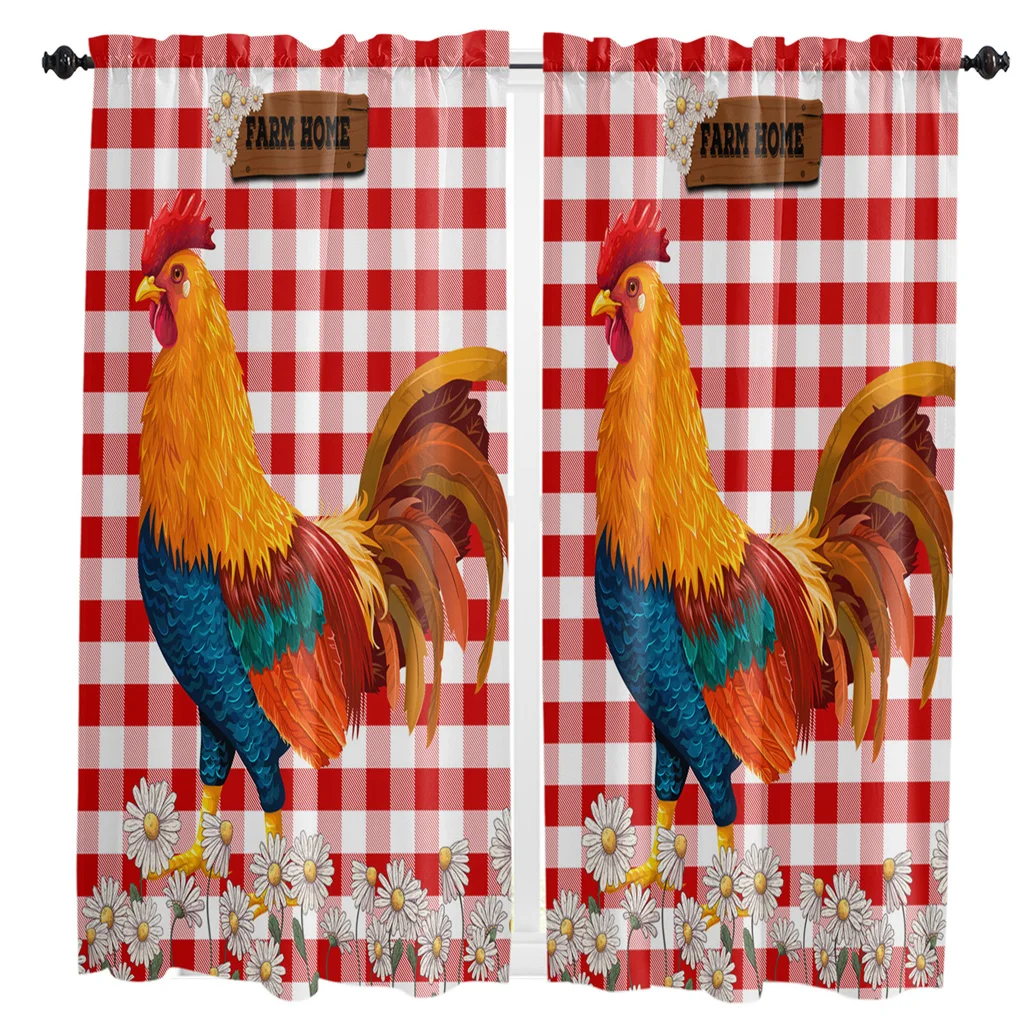 

Red Plaid Daisy Rooster Farm Curtains Home Decor Living Room Kitchen Balcony Room Window Curtain Bedroom Patio Decoration